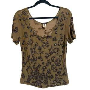 Krizia Designer Olive Green Sheer Mesh Beaded Jeweled Tee Top Boho Italian 44